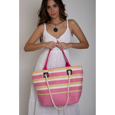 Bolsa de Praia Listas Rosa, Bege e Branca forrada com Zíper e Alça Cordão