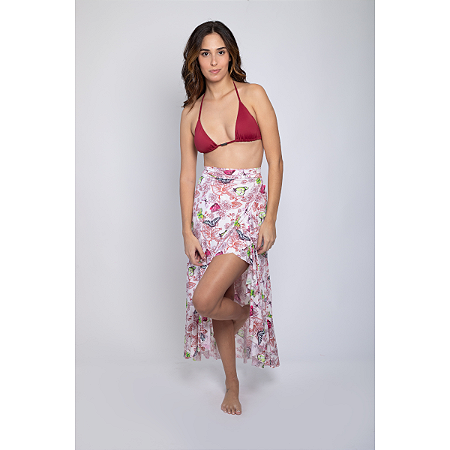 Saia Pareô em Fluity Transpassada Estampa Butterfly