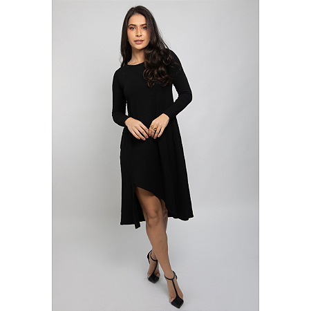 Vestido em Moletinho Midi Preto Com Fenda e Manga Longa WDL