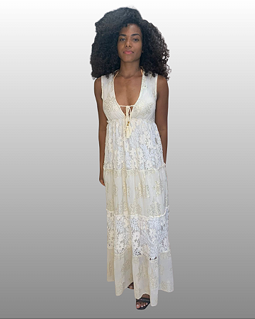 Vestido Longo Boho Chic Bege e Dourado