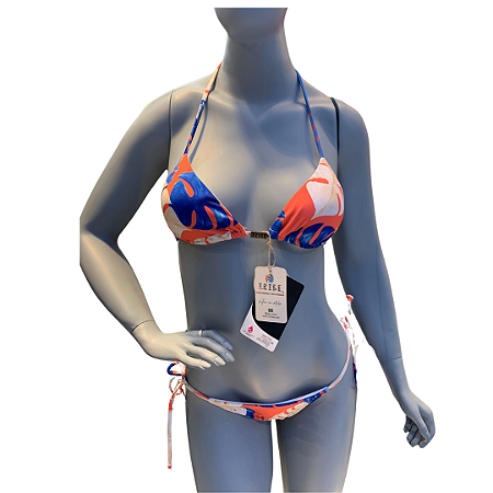 TANGA Biquini Folhas Fundo Coral  Ripple Cortininha de amarrar UVTRIBE