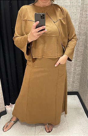 Conjunto de Saia, Regata e Casaco com Pespontos aparente Caramelo
