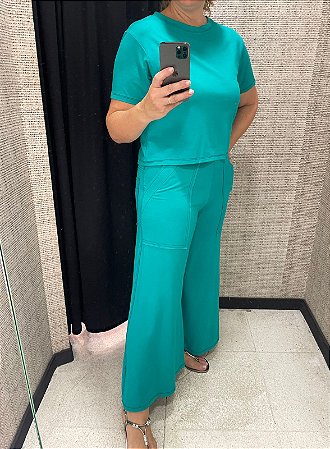 Conjunto Blusa e calça Viscose Pesponto Verde Petroleo