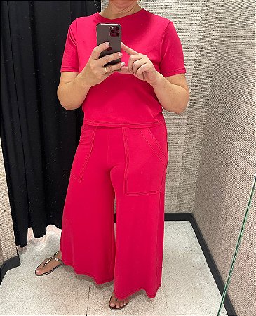 Conjunto Blusa e calça Viscose Pesponto Cereja