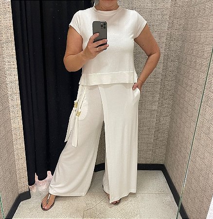 Calça Texturada em Malha Off White