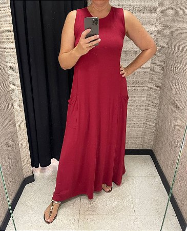 Vestido longo em viscose modelo sem manga com bolsos frontais - Tamanho G