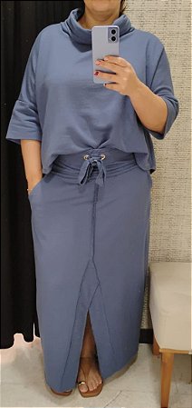 Conjunto de blusa com gola e saia em moletinho azul - TAM G