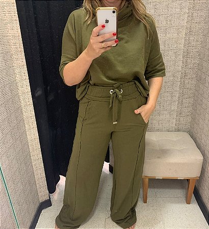 Conjunto de blusa com gola e calca em moletom verde - TAM GG