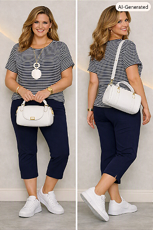 Conjunto de blusa manga curta listras azul marinho e calça pescador Plus Size