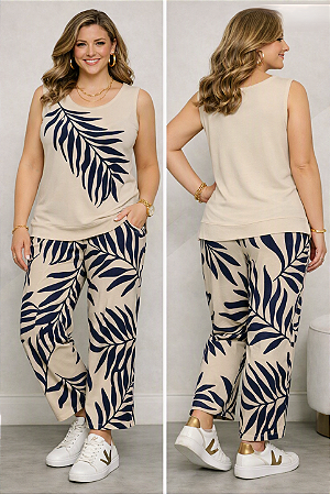 Conjunto de regata e calça estampa palmeiras tons de azul e bege Plus Size