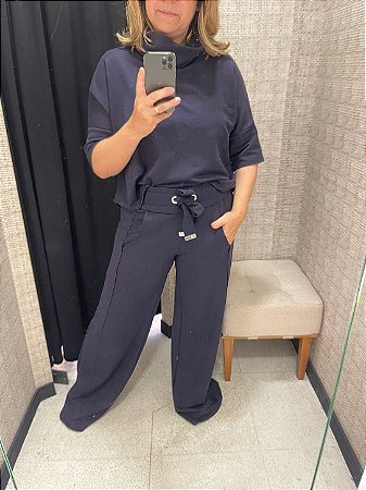 Conjunto Moletom azul marinho - Blusa com gola e calça