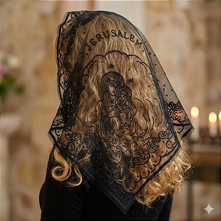 Véu Católico pra Missa Bordado Nossa Senhora Preto ou Branco