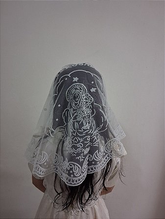 Véu Católico pra Missa Desenho Nossa Senhora Preto ou Branco