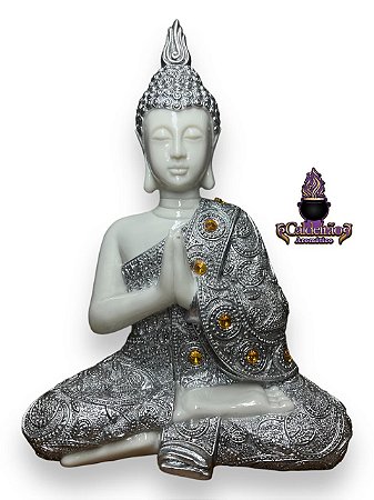 Buda Sentado Rezando Branco Luxo Strass Em Resina 28Cm