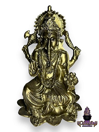 Ganesh Dourado Na Flor De Lotus Em Resina 12Cm