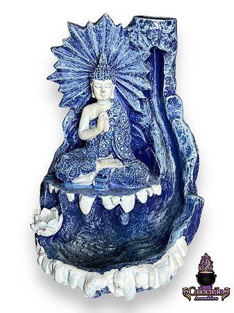 Incensario Cascata Buda Pintura Grega Azul 12Cm