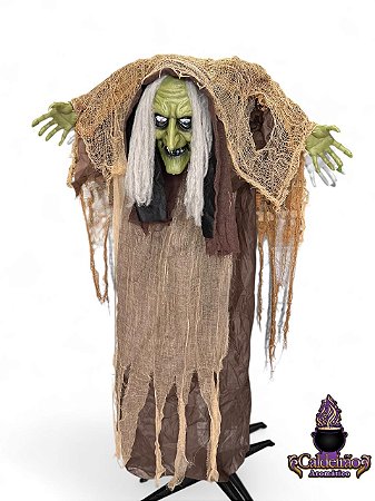 Halloween Bruxa Corcunda em Pe Com Movimento Som e Luz 153x50Cm