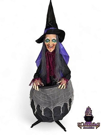 Halloween Bruxa Animada no Caldeirao Com Movimento Som e Luz 153x50Cm