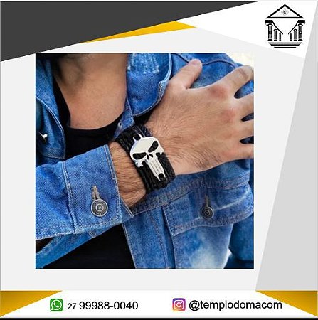 Kit Caveira (Pulseira Caveira Couro Preto + Pulseira Corda e Bolinhas