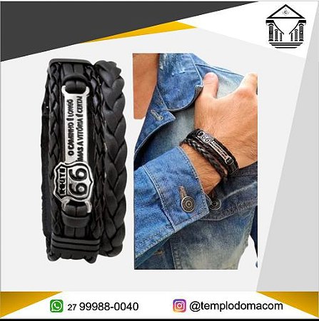 Pulseira em Couro, Ajustável, Route 66 Motociclista