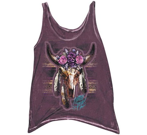 Camiseta Regata Feminina Lethal Threat modelo Floral Western Cow Skull - Roxa
