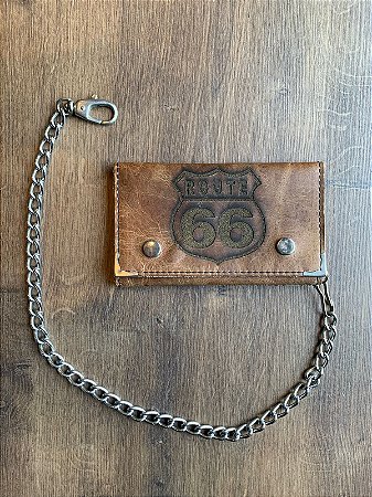 Carteira Couro c/ Corrente Logo Route 66 - Laser - Marrom - Universal