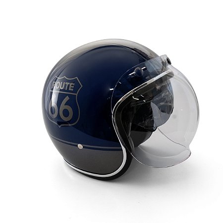 Capacete Aberto Lucca Mod. Sublime Route 66 - Customizado por MTX Imports - Cor Azul com faixa Grafite