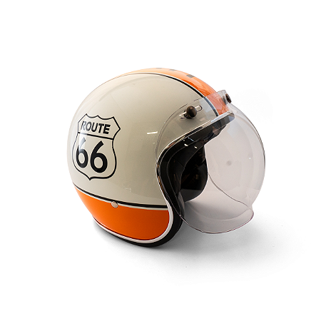 Capacete Aberto Lucca Mod. Sublime Route 66 - Customizado por MTX Imports - Cor Branco com faixa Laranja escrita Preto