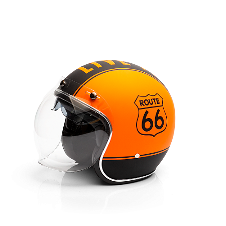 Capacete Aberto Lucca Mod. Sublime Route 66 - Customizado por MTX Imports - Cor Laranja com faixa Preta Fosco