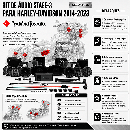 Kit Completo de áudio Rockford Fosgate Stage 3 (800w) para Harley Road Glide / Street Glide 2014-2023