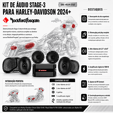 Kit Completo de áudio Rockford Fosgate Stage 3 (1000w) para Harley Street Glide FLHX / Road Glide FLTRX 2024-2026
