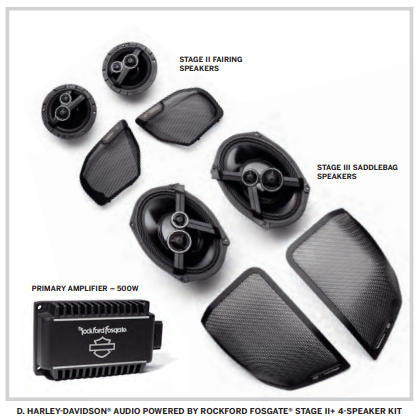 Kit  de Áudio Stage II+ Rockford Fosgate = 4 Speaker 5x7" (2) Fairing STG II  + (2) Alforjes 6X9" STG III -  Road Glide