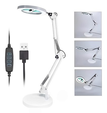 Luminaria Led com Lupa zoom 8x Braço Articulado Mesa Bancada Estetica