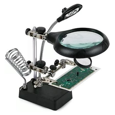 Suporte Para Ferro Solda Eletrônica Bancada Lupa Led de Mesa Recarregável USB Garras 2 lentes ópticas
