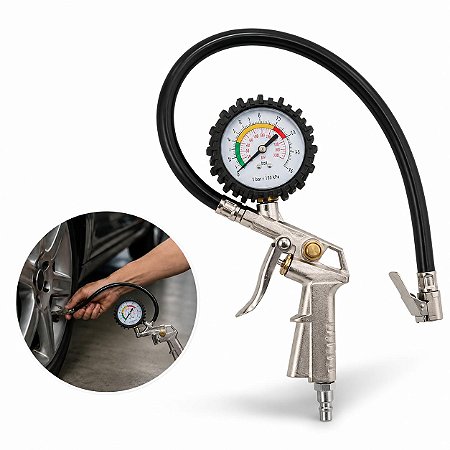 Calibrador De Pneus Com Manômetro 220 PSI Para Compressor De Ar Mangueira 40cm Bico Trava Oficina