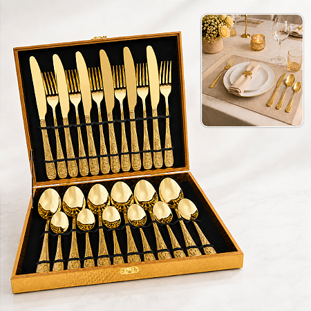 Jogo de Talheres Dourado 24 Peças com Maleta Faqueiro para Mesa Posta Jantar e Presente Cozinha