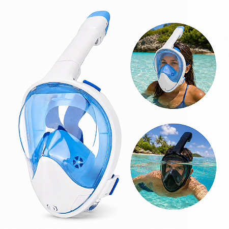 Máscara De Mergulho Para Rosto Snorkel Full Face Azul Preto Suporte GoPro Câmera