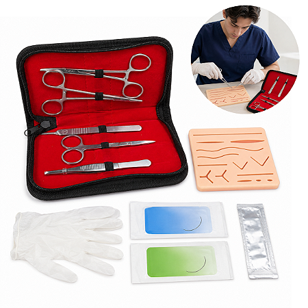 Kit Sutura Medicina Pinça Tesoura Treinamento Pele Disserçao Lâmina Fio Porta Agulha