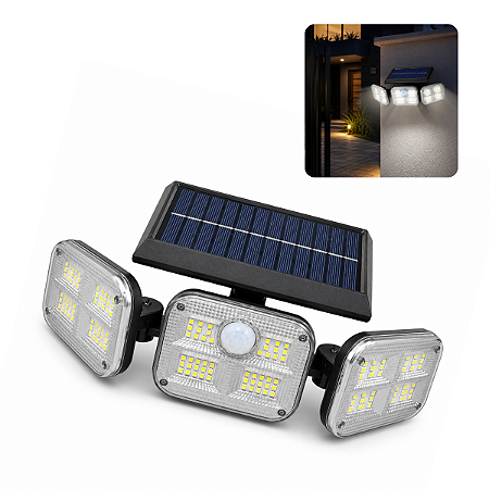 Luminária Solar Refletor Tripla Led 3 Modos Com Sensor Resistente Iluminação Parede Jardim Muro