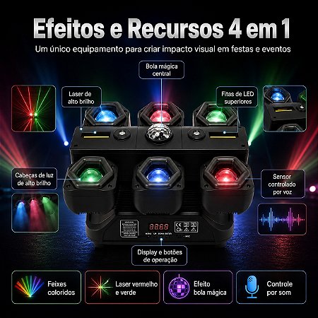 Moving Head 6 LEDs RGBW 120W Profissional Bivolt DMX Strobo para DJ, Festas, Baladas, Shows e Eventos