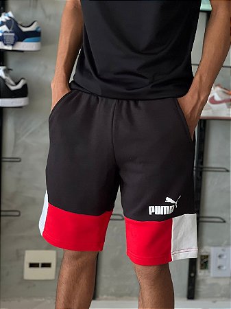 SHORTS PUMA MOLETOM PRETO/VERMELHO/BRANCO