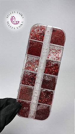 Cartela de Glitter com 12 Cores Vermelhos