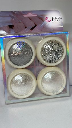 Pó Holografico + folha de ouro 4 cores Prata e Branco