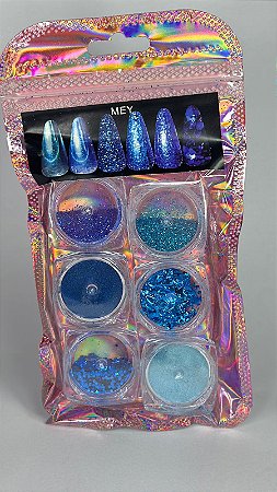 Glitter P/ Unhas Kit C/ 6und Azul