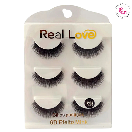 Cílios Postiços 6D Efeito Mink P208 3 Pares - Real Love