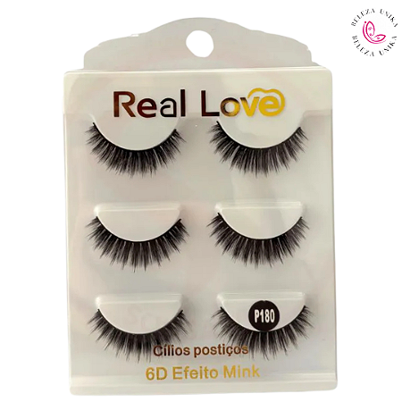 Cílios Postiços 6D Efeito Mink P180 3 Pares  - Real Love