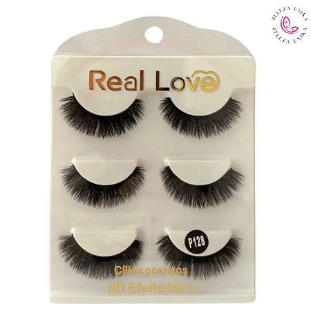 Cílios Postiços 6D Efeito Mink P128( 3 Pares)  - Real Love