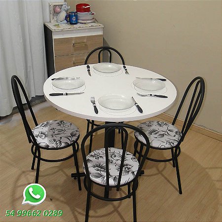 Conjunto de cozinha mesa redonda e cadeiras floral branco preto