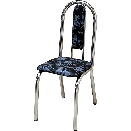 Cadeira de Jantar ou Cozinha em Metal Cromada com Estofado Floral Preto e Cinza