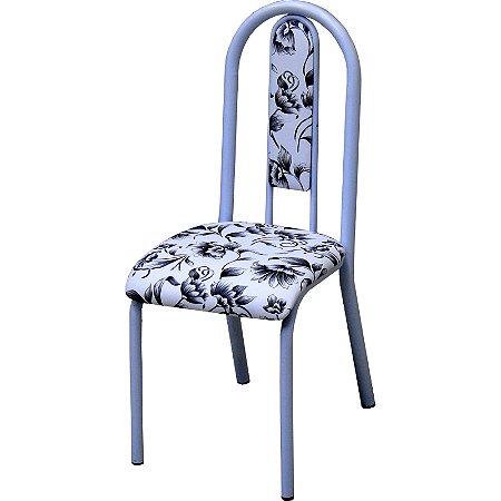 Cadeira de Jantar ou Cozinha em Metal pintura branca com Estofado Floral Branco e Preto